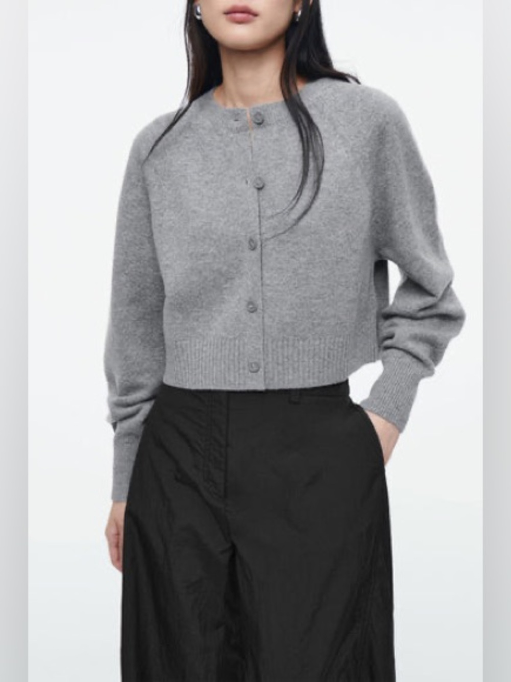 COS Gray Cropped Button-Front Crewneck Cardigan